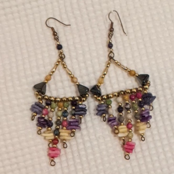 Rainbow puka shell and hematite chandelier earrings - vintage - Picture 1 of 4